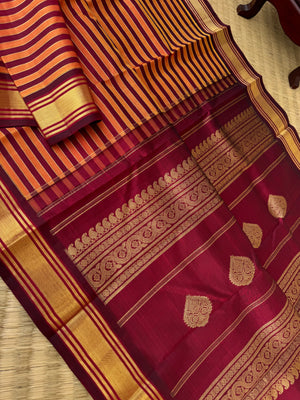 Vintage Ragas on Korvai Kanchivaram - burnt orange and aaraku strips woven body with vintage pallu