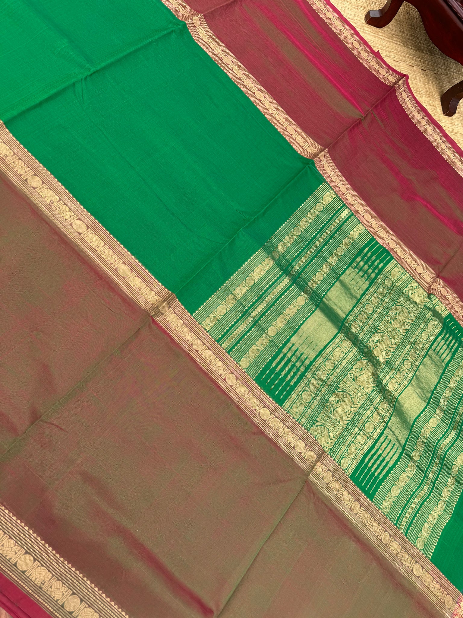 Zari Kissed Silk Cotton - A rare find classic mubbagam ( mubbagam means three parts ) green and maanthulir