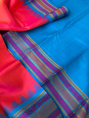 Festive Vibes on No Zari Korvai Kanchivaram - stunning dual tone orange short pink with blue intricate yali and kili woven borders