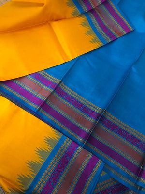 Festive Vibes on No Zari Korvai Kanchivaram - gorgeous yellow and blue with yali and kili woven borders