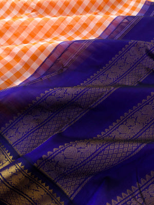 Paalum palamum kattam on Korvai Silk Cotton - off white and orange chex with ink blue borders and pallu