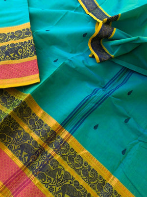 Woven Buttas on Kanchi Cottons - rama blue short green