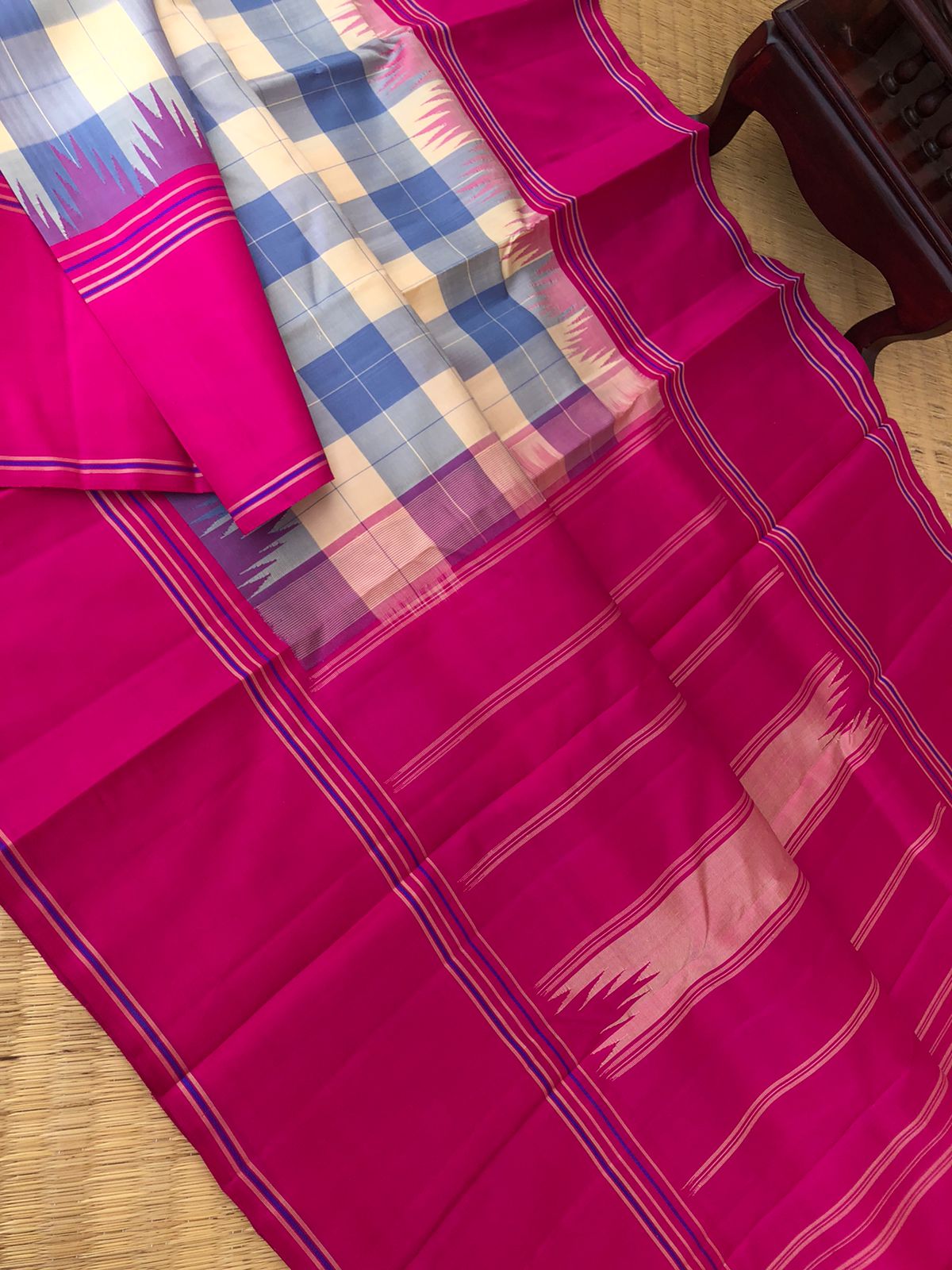 Festive Vibes on Korvai Kanchivaram - pale off white and grey chex with pink borders pallu and blouse