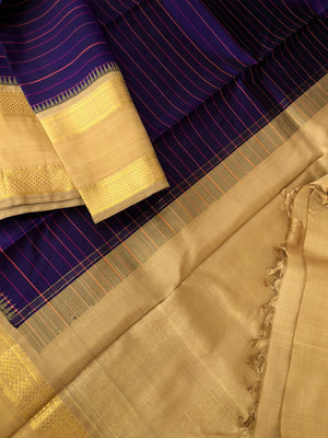Vintage Raagas on Kanchivarams - deepest dark violet stripes body on golden beige aarai maadam rett pett woven korvai Borders