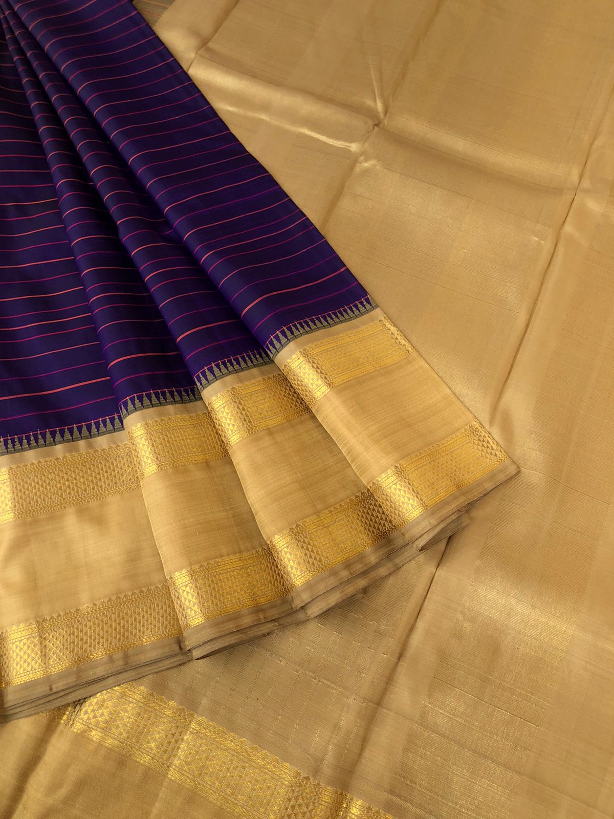 Vintage Raagas on Kanchivarams - deepest dark violet stripes body on golden beige aarai maadam rett pett woven korvai Borders