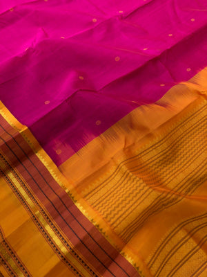 Korvai Silk Cotton with Pure Silk Woven Borders - stunning pink and mustard with moopula borders