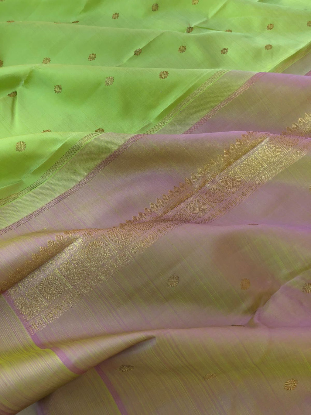 Leela - Lighter Shades on Kanchivarams - stunning pastel pale pista green and dual lavender short pallu and blouse