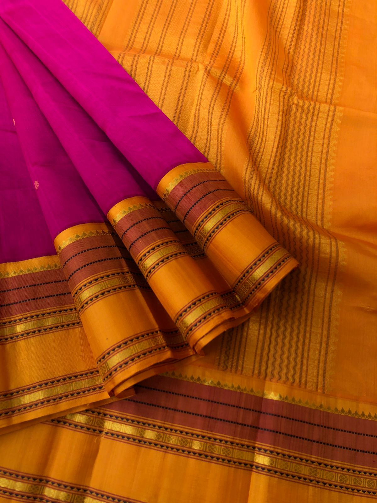 Korvai Silk Cotton with Pure Silk Woven Borders - stunning pink and mustard with moopula borders