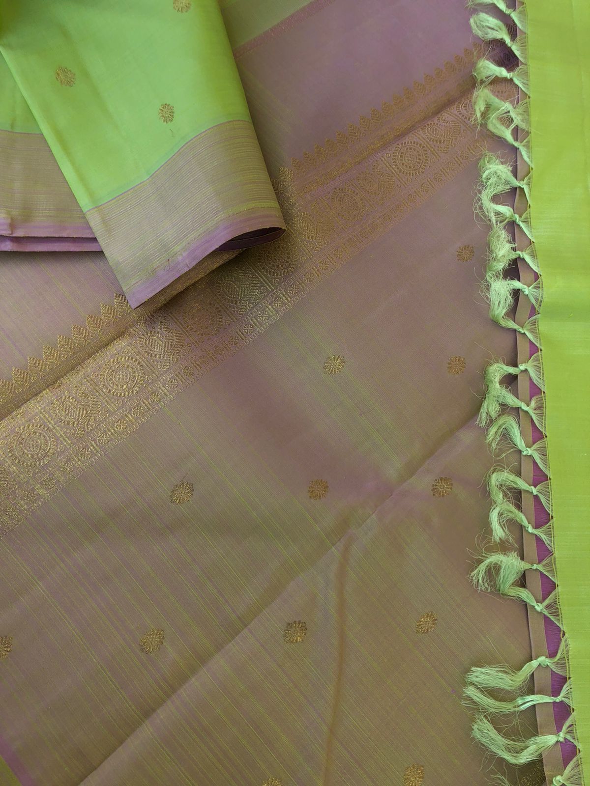 Leela - Lighter Shades on Kanchivarams - stunning pastel pale pista green and dual lavender short pallu and blouse
