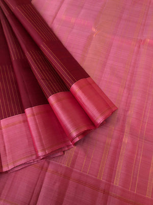 Darker Kanchivarams - stunning burgundy and coral pink gold zari box lines woven body