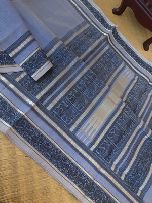 Zari Kissed Silk Cotton - bluish pale grey vertical muthu stripes