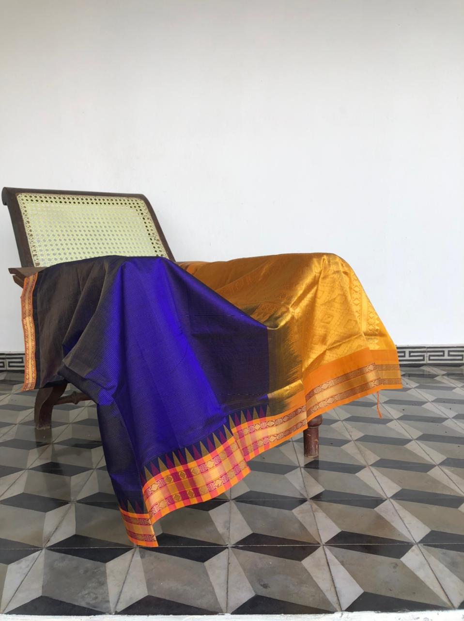 Festive vibes on Korvai Silk Cotton - violet blue Vairaoosi with chex woven borders