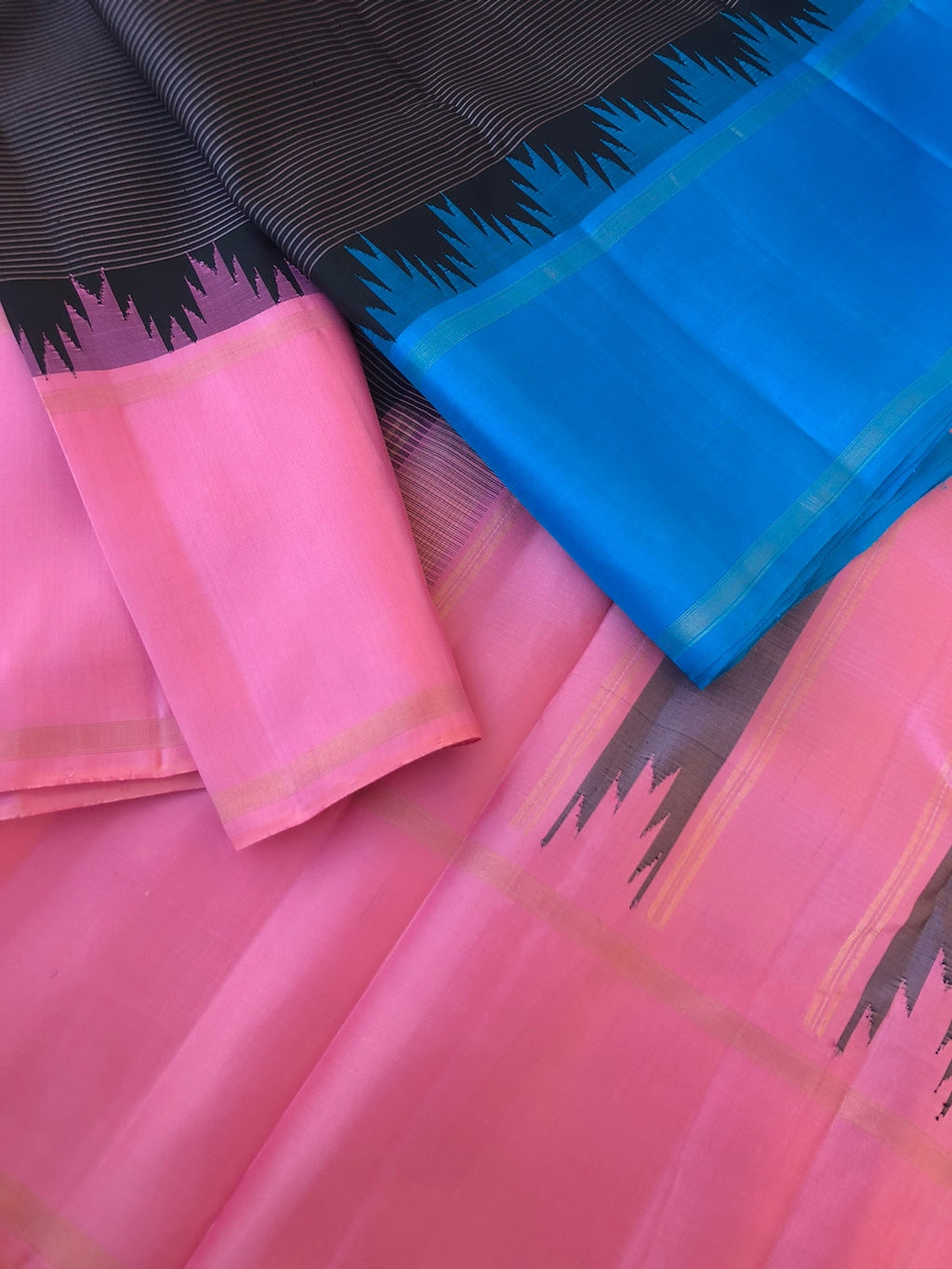 Best of Best Korvai Kanchivaram - at the most gorgeous black oosi stripes korvai Kanchivaram with bubble gum pink and blue ganga jammuna woven borders