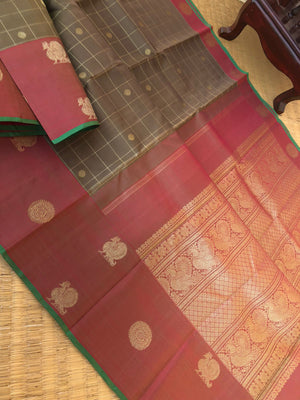 Heriyae - Heirloom Kanchivarams - gorgeous bronze brown and rusty red with mayil chackaram woven buttas