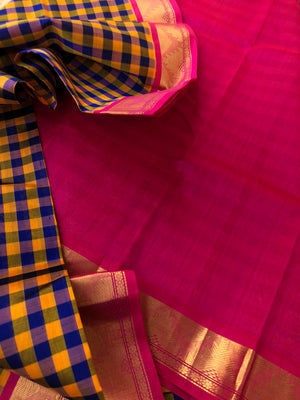 Paalum palamum kattam on Korvai Silk Cotton - mustard and blue chex with pink pallu and blouse
