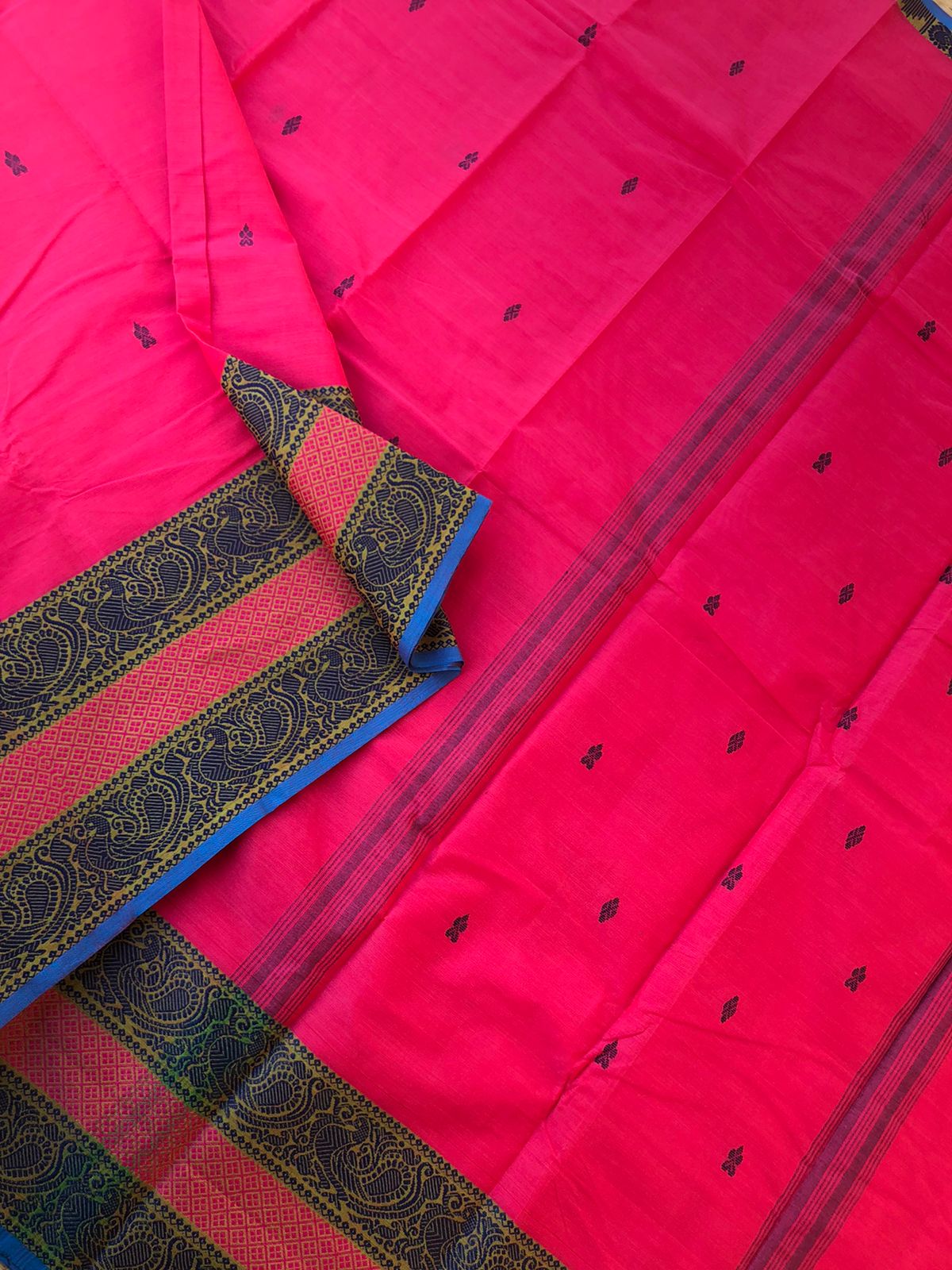 Woven Buttas on Kanchi Cottons - rose pink with rett pett woven annapakshi borders