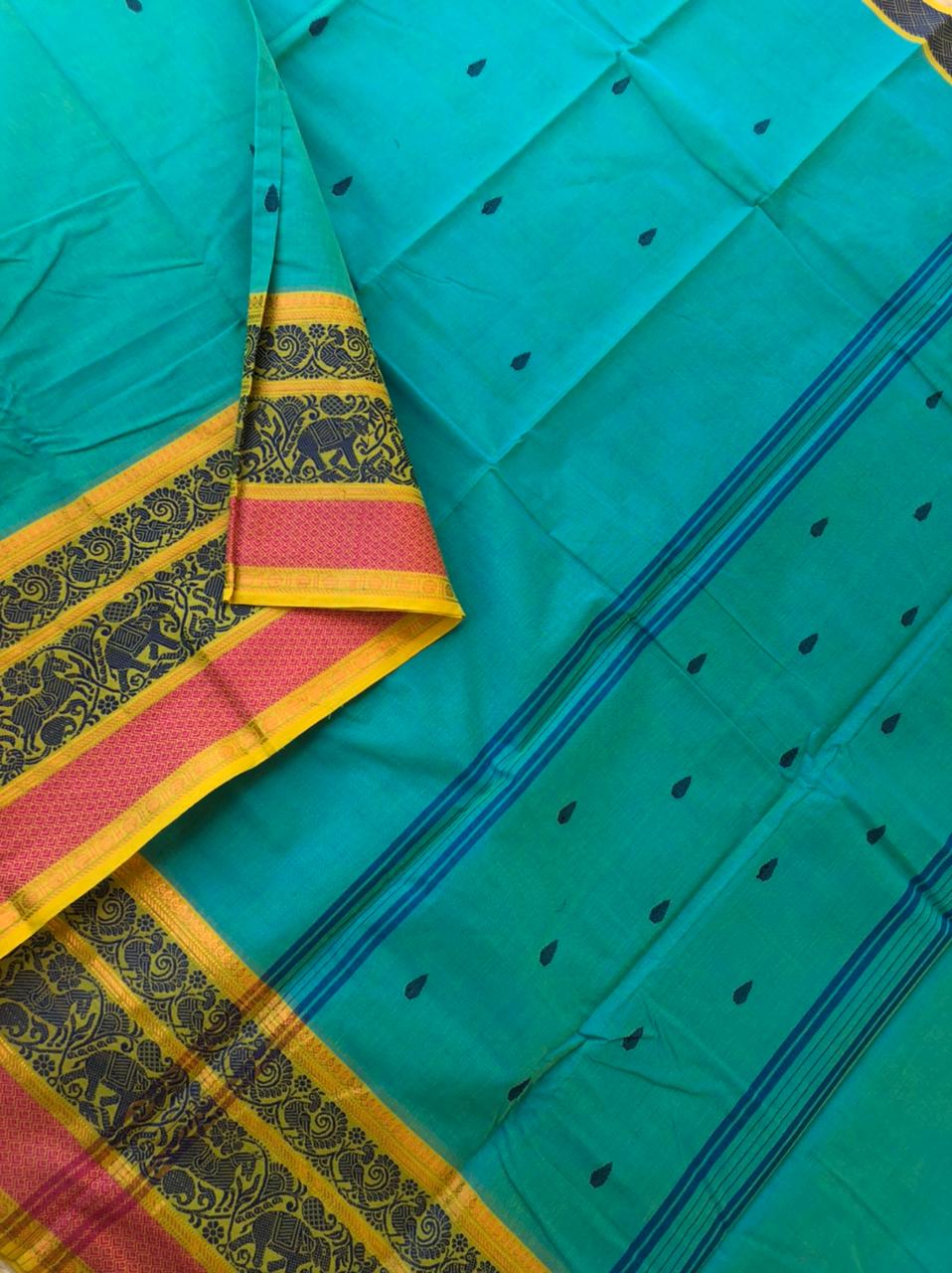 Woven Buttas on Kanchi Cottons - rama blue short green