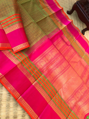 Kattams on Kanchivaram - Muthu Kattam - stunning maanthulir ( fresh mango leaf tone ) Kanchivaram with moppula borders and chex buttas woven body is absolutely traditional