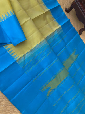 Best of Best Korvai Kanchivaram - beige with a touch of yellow oosi stripes no zari korvai Kanchivaram with sulphate blue pallu borders and blouse
