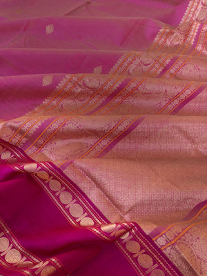 Zari Kissed Silk Cotton - gorgeous keva pink kolam buttas with retta pett woven borders
