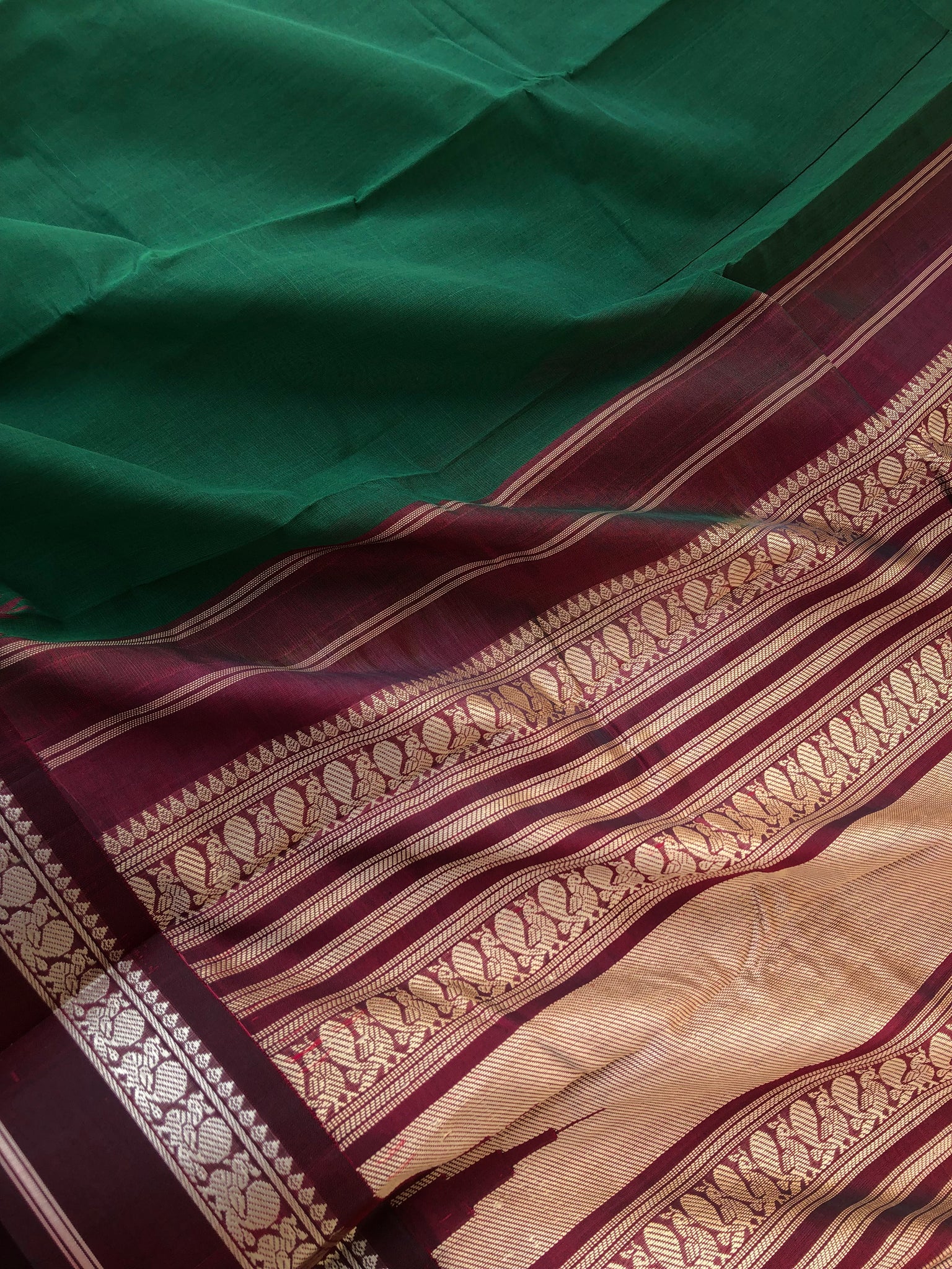Cotton body with Pure Silk Borders - most traditional deepest Meenakshi green and maroon