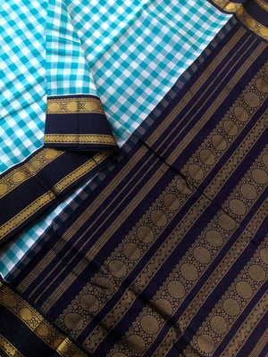 Paalum palamum kattam on Korvai Silk Cotton - off white and baby blue chex with navy blue borders