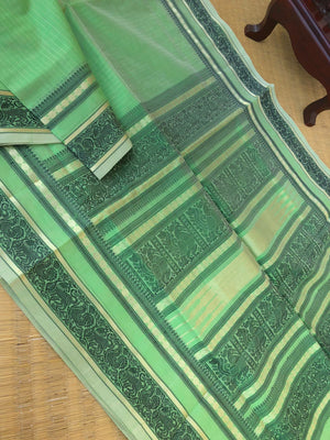 Zari Kissed Silk Cotton - stunning pastel pista green vertical muthu stripes