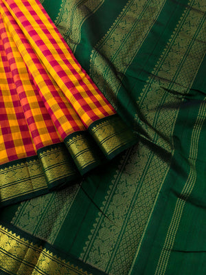 Paalum palamum kattam on Korvai Silk Cotton - mustard and red chex with Meenakshi green pallu and blouse