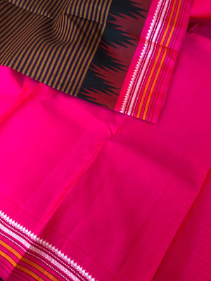 Korvai Connection on Kanchivaram - rust and black oosi vaalapoo stripes woven body with Indian pink borders pallu and blouse