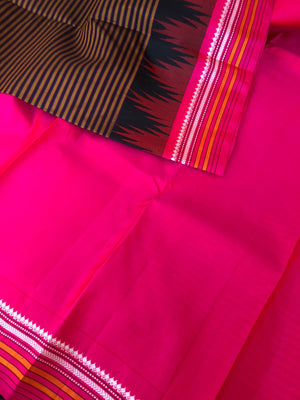 Korvai Connection on Kanchivaram - rust and black oosi vaalapoo stripes woven body with Indian pink borders pallu and blouse