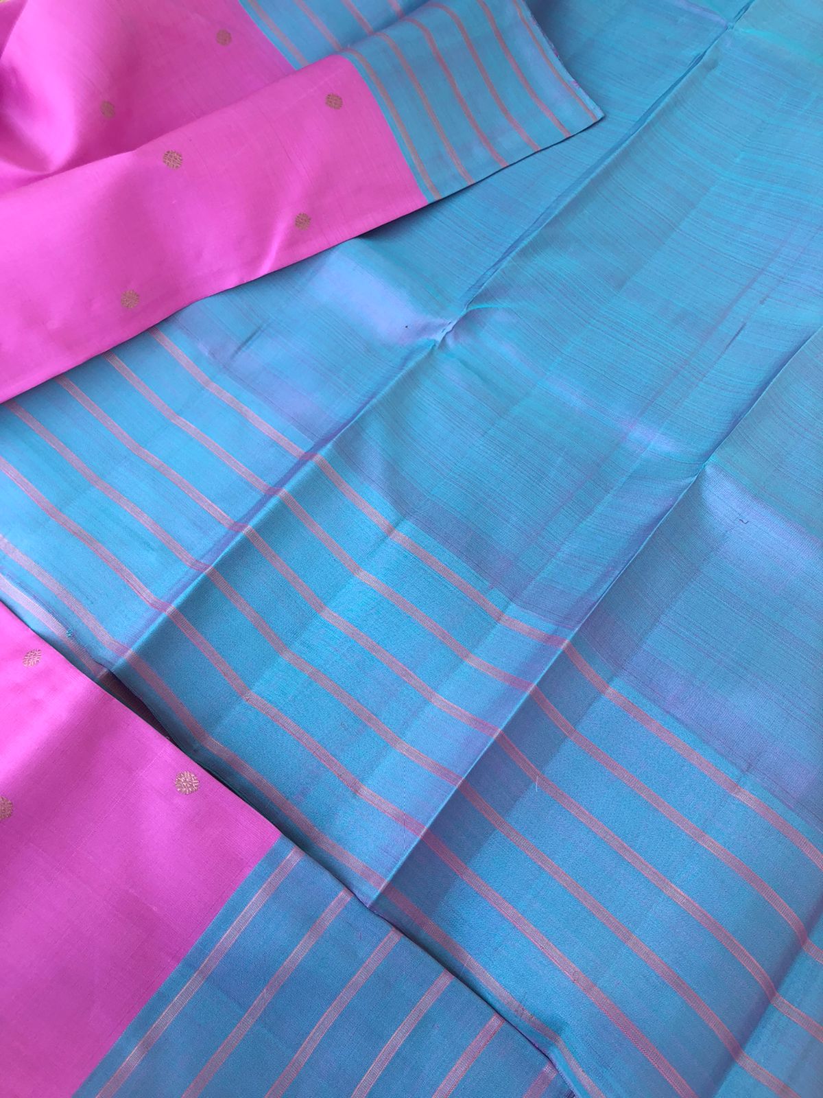 Corporate Kanchivarams - gorgeous rose pink body with baby blue short lavender pallu blouse and borders