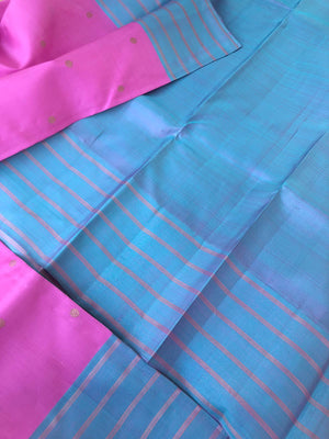 Corporate Kanchivarams - gorgeous rose pink body with baby blue short lavender pallu blouse and borders