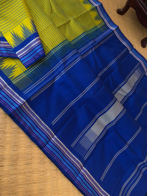 Korvai Connection on Kanchivaram - mustard mixed green oosi valapoo stripes woven body with ms blue pallu and blouse