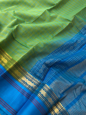 Cotton Body with Pure Silk Borders - pale green chex with sulphate blue borders pallu and blouse