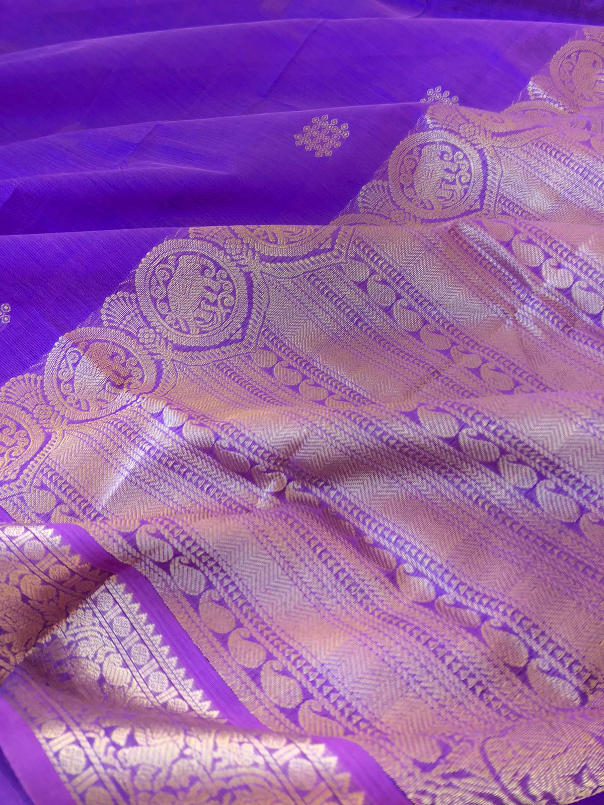 Zari Kissed Silk Cotton - beauty of December poo with kolam woven buttas with elephants motifs woven borders