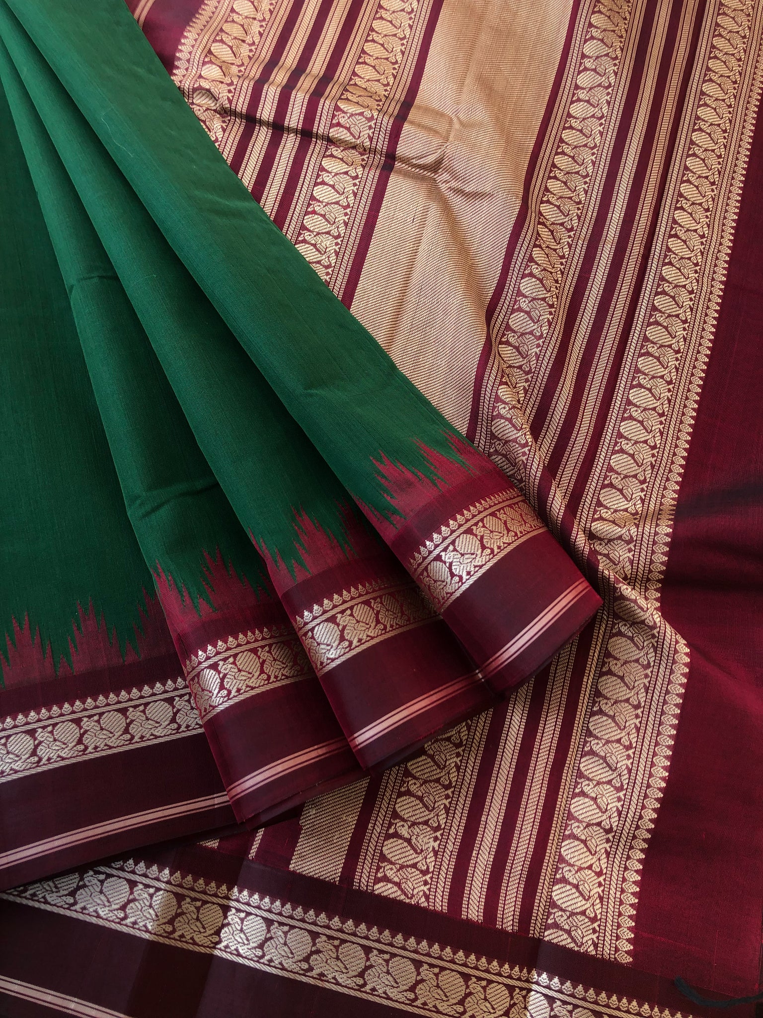 Cotton body with Pure Silk Borders - most traditional deepest Meenakshi green and maroon