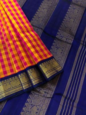 Paalum palamum kattam on Korvai Silk Cotton - mustard and pink chex with ink blue pallu and blouse