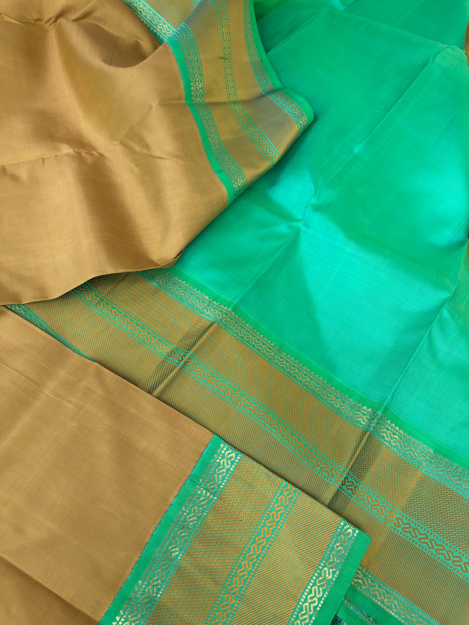 Timeless Classic Kanchivarams - no zari Kanchivaram beauty of beach sand and sandalwood tone and sea green