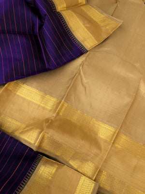Vintage Raagas on Kanchivarams - deepest dark violet stripes body on golden beige aarai maadam rett pett woven korvai Borders