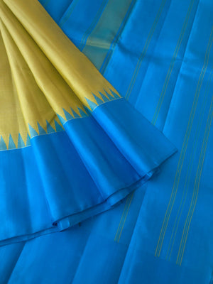 Best of Best Korvai Kanchivaram - beige with a touch of yellow oosi stripes no zari korvai Kanchivaram with sulphate blue pallu borders and blouse