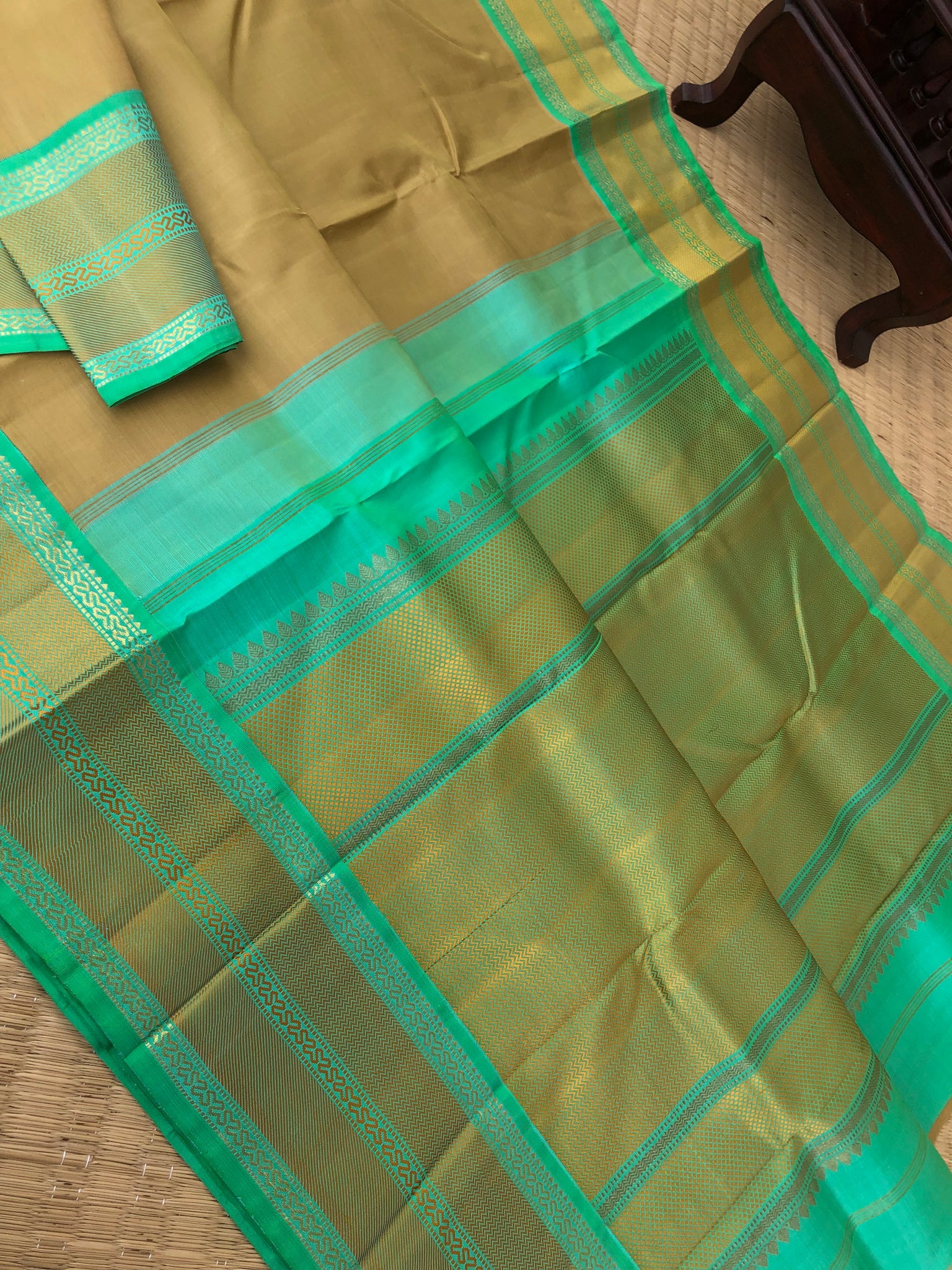 Timeless Classic Kanchivarams - no zari Kanchivaram beauty of beach sand and sandalwood tone and sea green