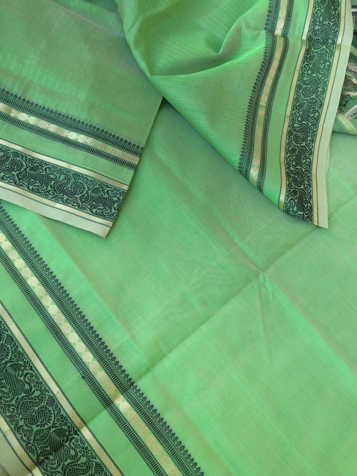 Zari Kissed Silk Cotton - stunning pastel pista green vertical muthu stripes