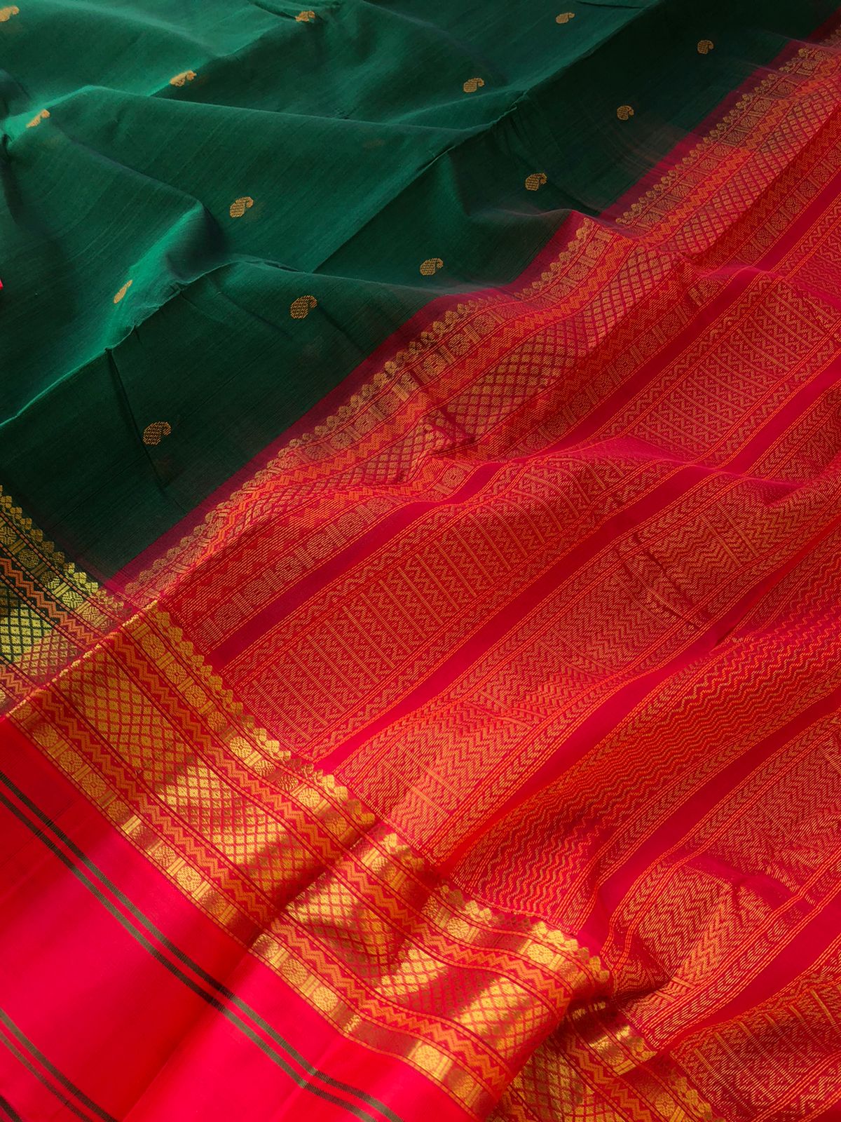 Cotton Body with Pure Silk Borders - beautiful Meenakshi green and red