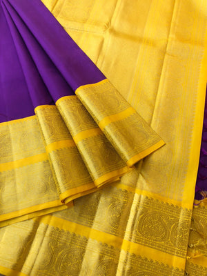 Sahasra - Kanchivarams Which Speaks 1000 Words - gorgeous brinjal purple and golden mustard corner buttas on Korvai Kanchivaram