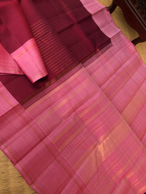 Darker Kanchivarams - stunning burgundy and coral pink gold zari box lines woven body