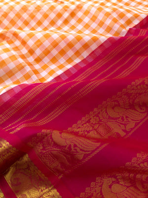 Paalum palamum kattam on Korvai Silk Cotton - off white and orange chexs with pink borders pallu and blouse