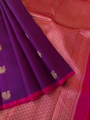 Mohaa - Beautiful Borderless Kanchivarams - deep purple mayil chackaram woven buttas with deep reddish pink pallu and blouse