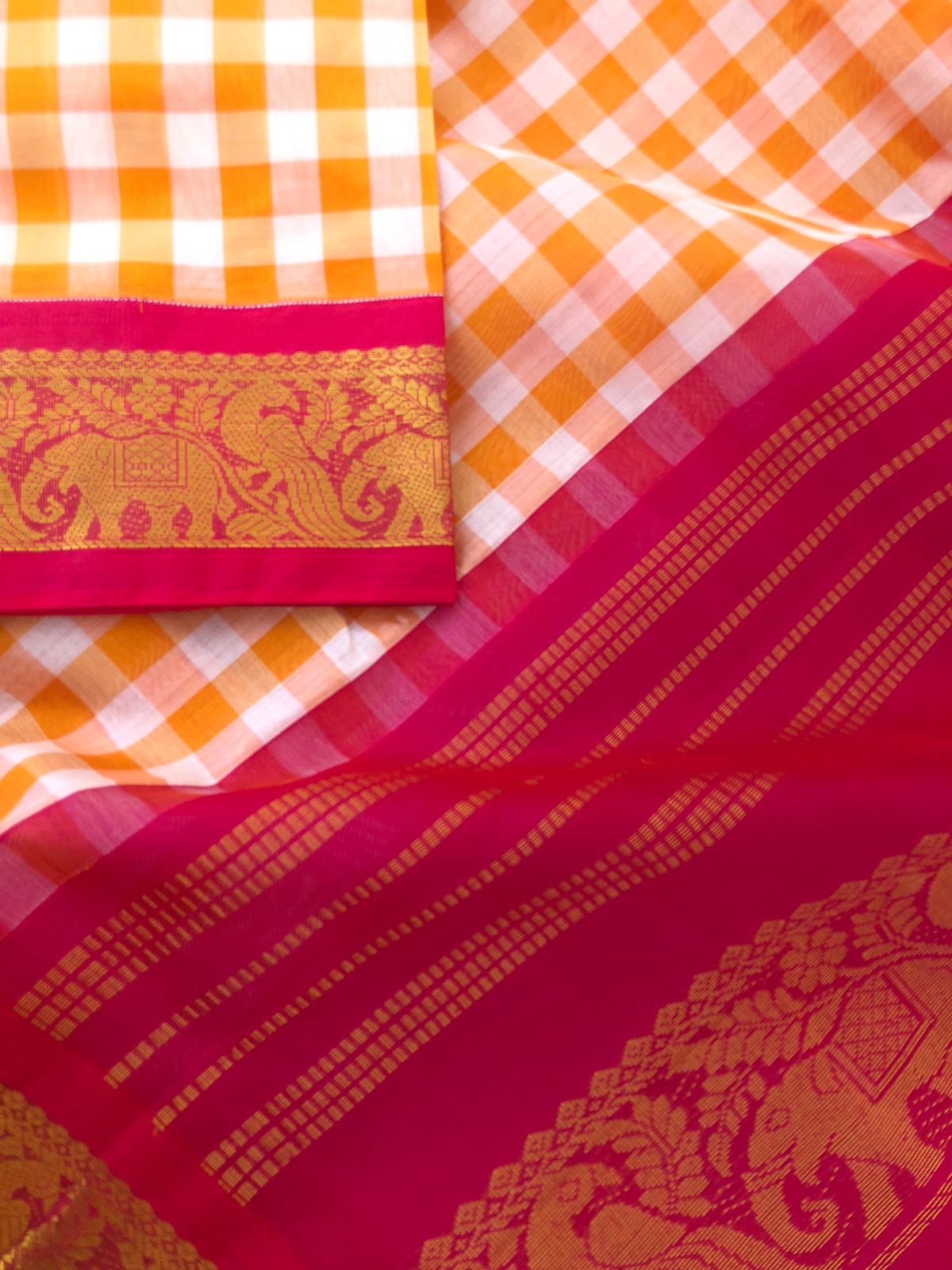 Paalum palamum kattam on Korvai Silk Cotton - off white and orange chexs with pink borders pallu and blouse