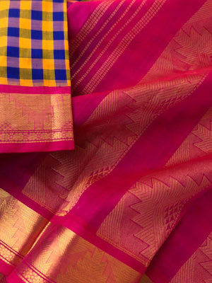 Paalum palamum kattam on Korvai Silk Cotton - mustard and blue chex with pink pallu and blouse