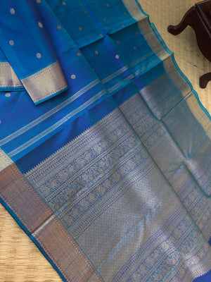 Solid Kanchivarams - stunning blue on blue and gold Kanchivaram with intricate woven pallu